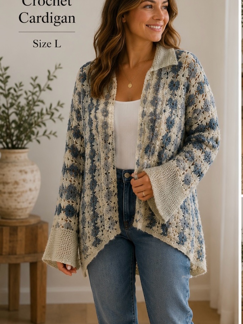 Crochet Floral Open-Front Cardigan - Blue & Cream Boho Size XL Cottagecore